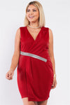 Junior Plus Deep Red Sleeveless V-Neck Asymmetrical Wrap Rhinestones Detail Fitted Mini Blazer Dress /1-1-1