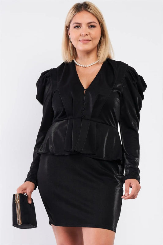 Junior Plus Black Long Sleeve Victorian Steampunk Inspired V-Neck Button Front Pleated Detail Mock Blazer Fitted Dress /1-1-1 - Tasha Apparel Wholesale