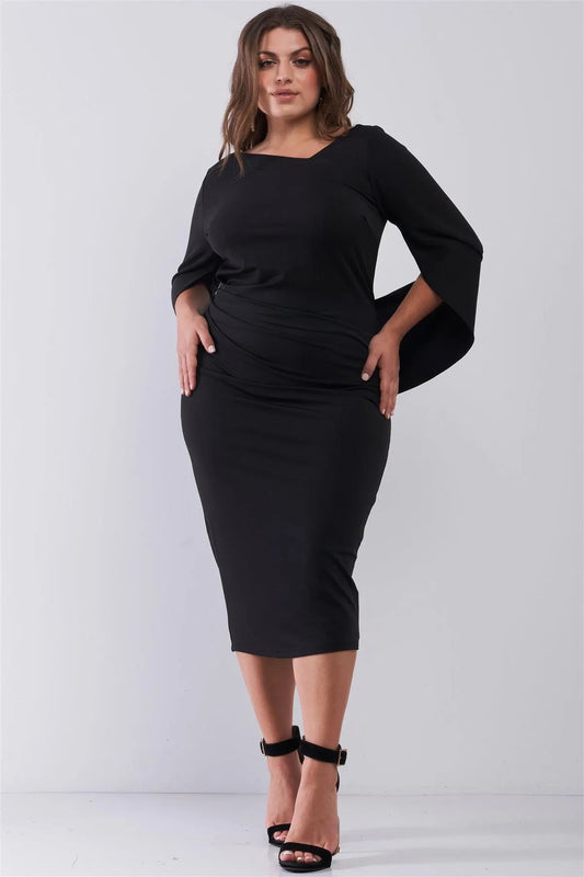 Junior Plus Size Black Asymmetrical Neck Draped Sleeve & Back Detail Fitted Midi Dress /1-1-1 - Tasha Apparel Wholesale