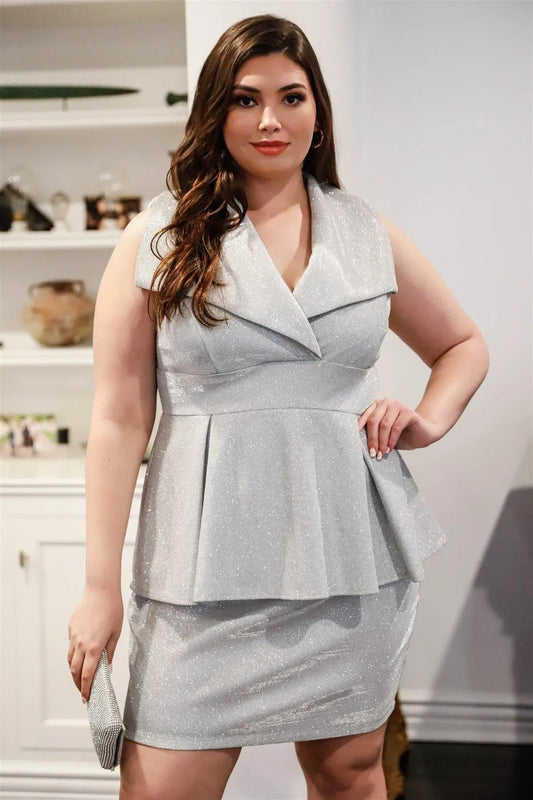 Junior Plus Silver Glitter Collared Peplum Mini Dress /2-2-2 - Tasha Apparel Wholesale