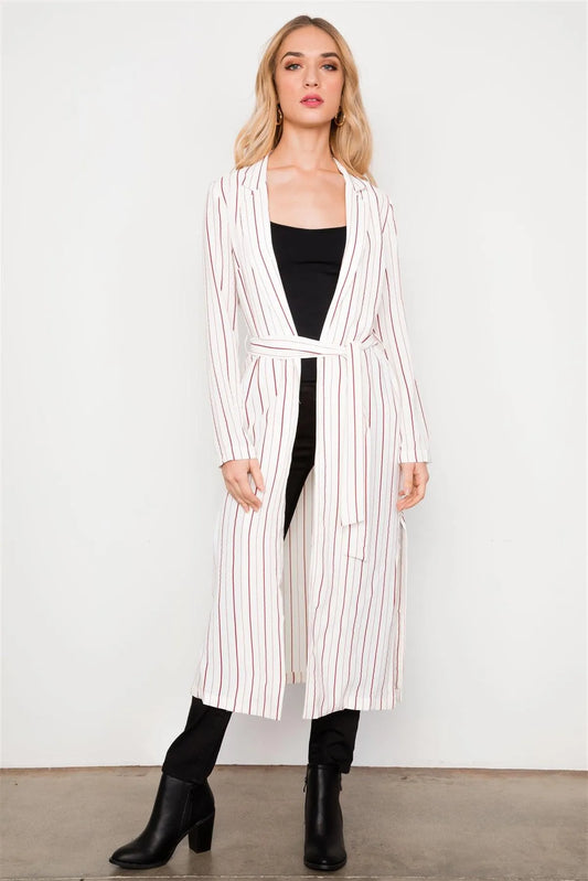 White Red Striped Long Sleeve Maxi Cardigan / 3-2-1 - Tasha Apparel Wholesale