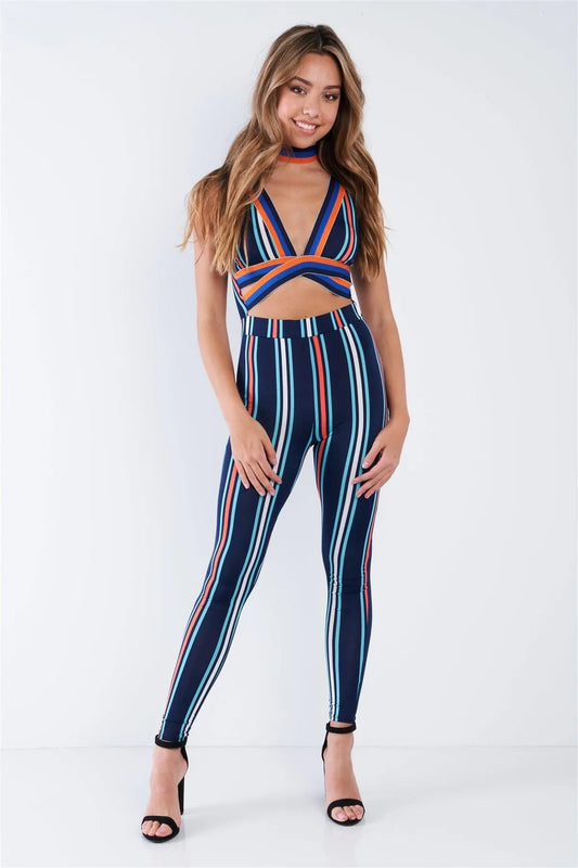 Navy Striped Strappy Sexy Spandex Jumpsuit /1-1-1-1-1 - Tasha Apparel Wholesale