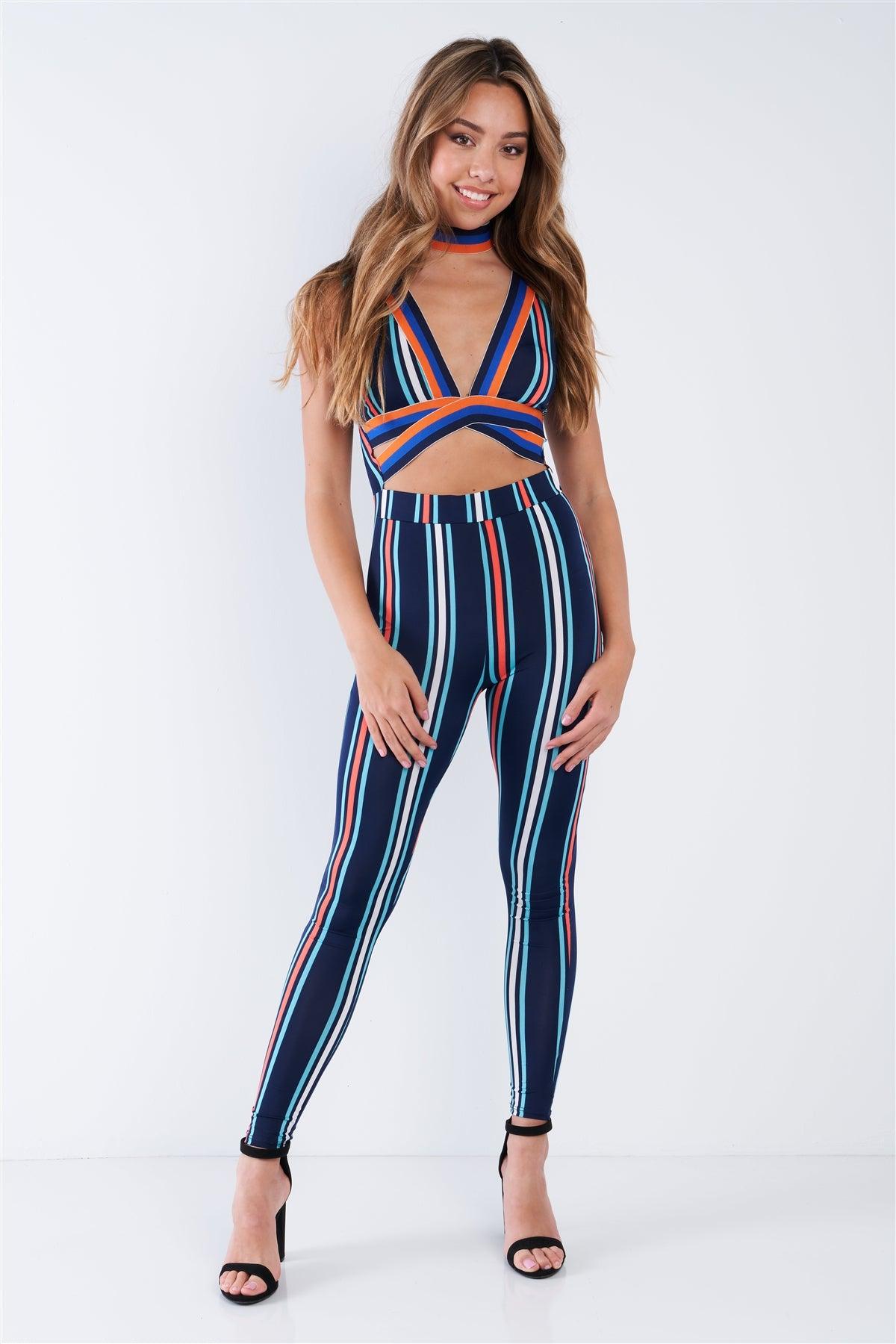 Navy Striped Strappy Sexy Spandex Jumpsuit
