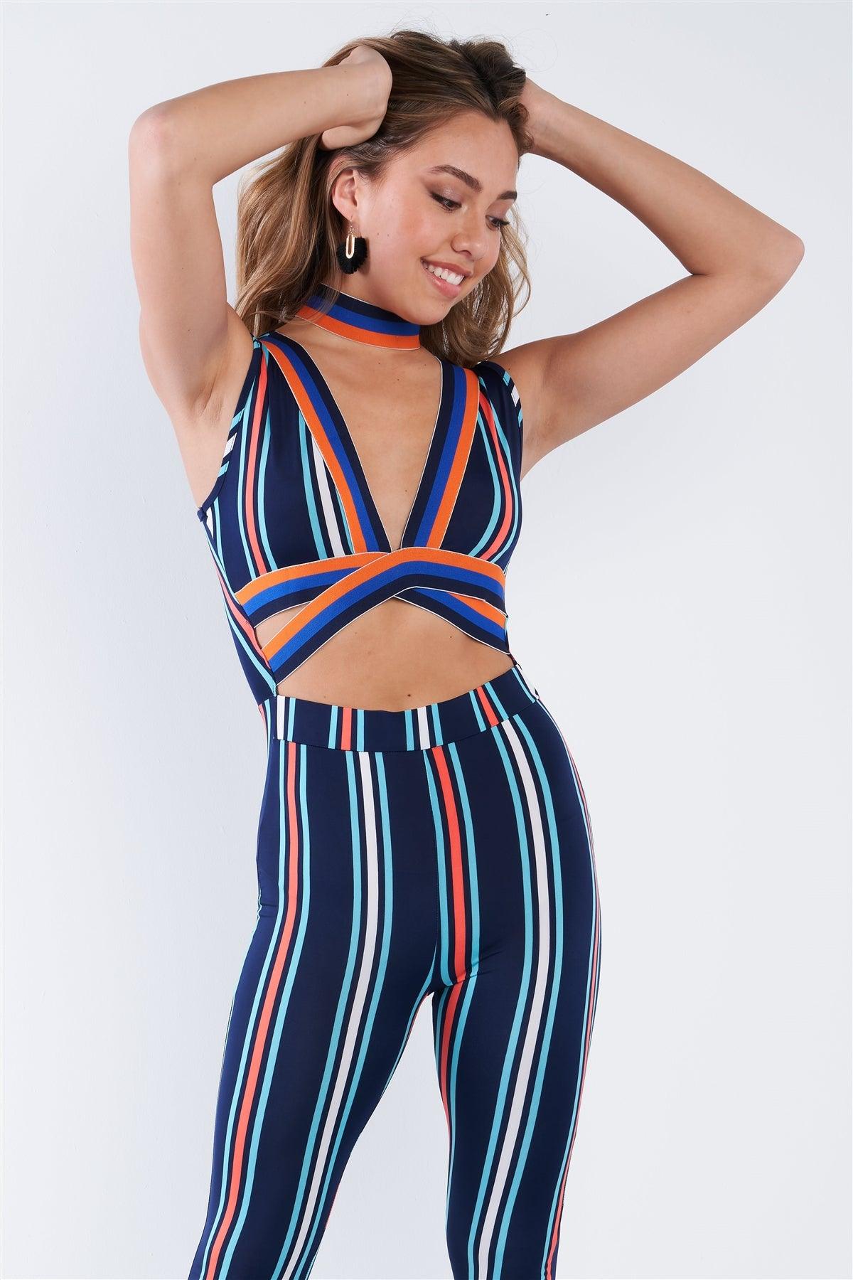 Navy Striped Strappy Sexy Spandex Jumpsuit
