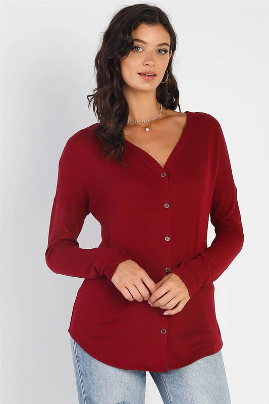 Burgundy V-Neck Long Sleeve Cardigan - Tasha Apparel Wholesale
