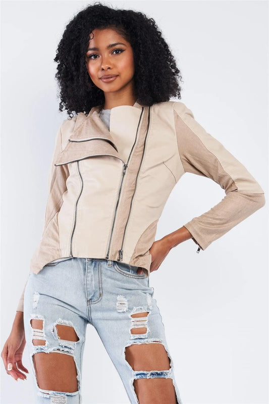 Beige Suede & Vegan Leather Moto Jacket /2-2-2 - Tasha Apparel Wholesale