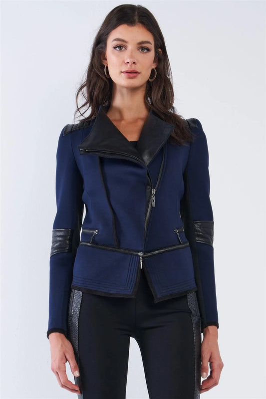 Rockstar Navy Blue Oblique Zipper Vegan Leather Jacket /2-2-2 - Tasha Apparel Wholesale