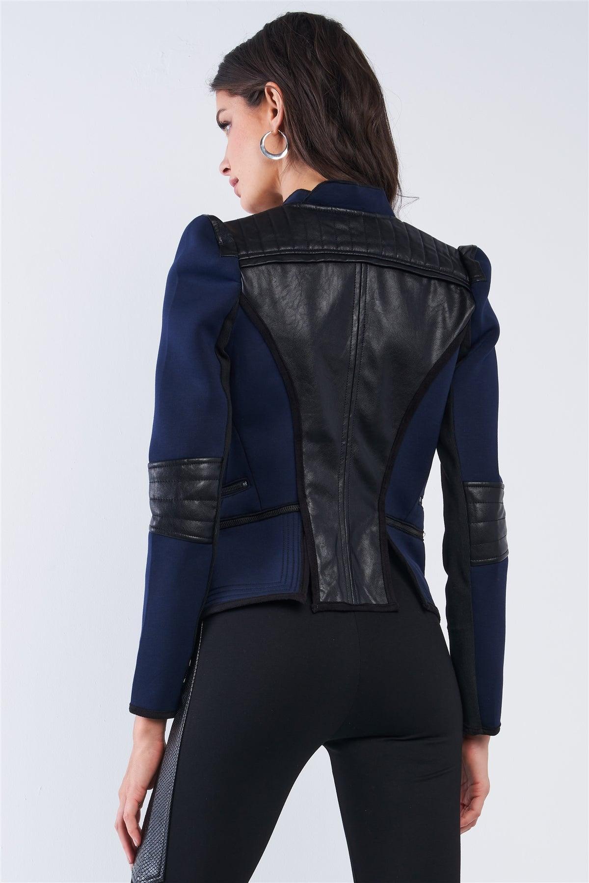 Rockstar Navy Blue Oblique Zipper Vegan Leather Jacket /2-2-2