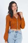 Tawny Zip-Up Hooded Long Sleeve Cropped Sweaters /2-2-2