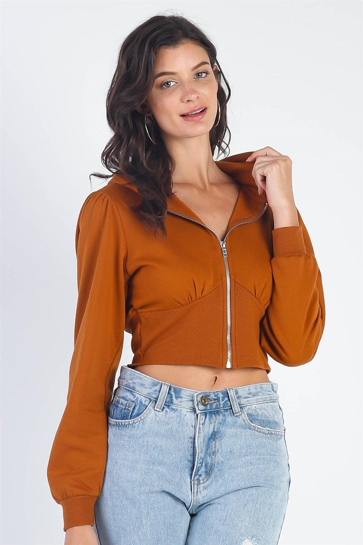 Tawny Zip-Up Hooded Long Sleeve Cropped Sweaters /2-2-2