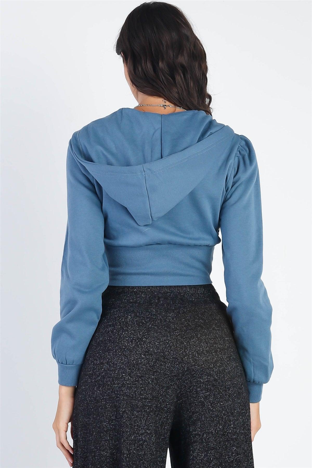 Vintage Blue Zip-Up Hooded Long Sleeve Cropped Sweaters /2-2-2