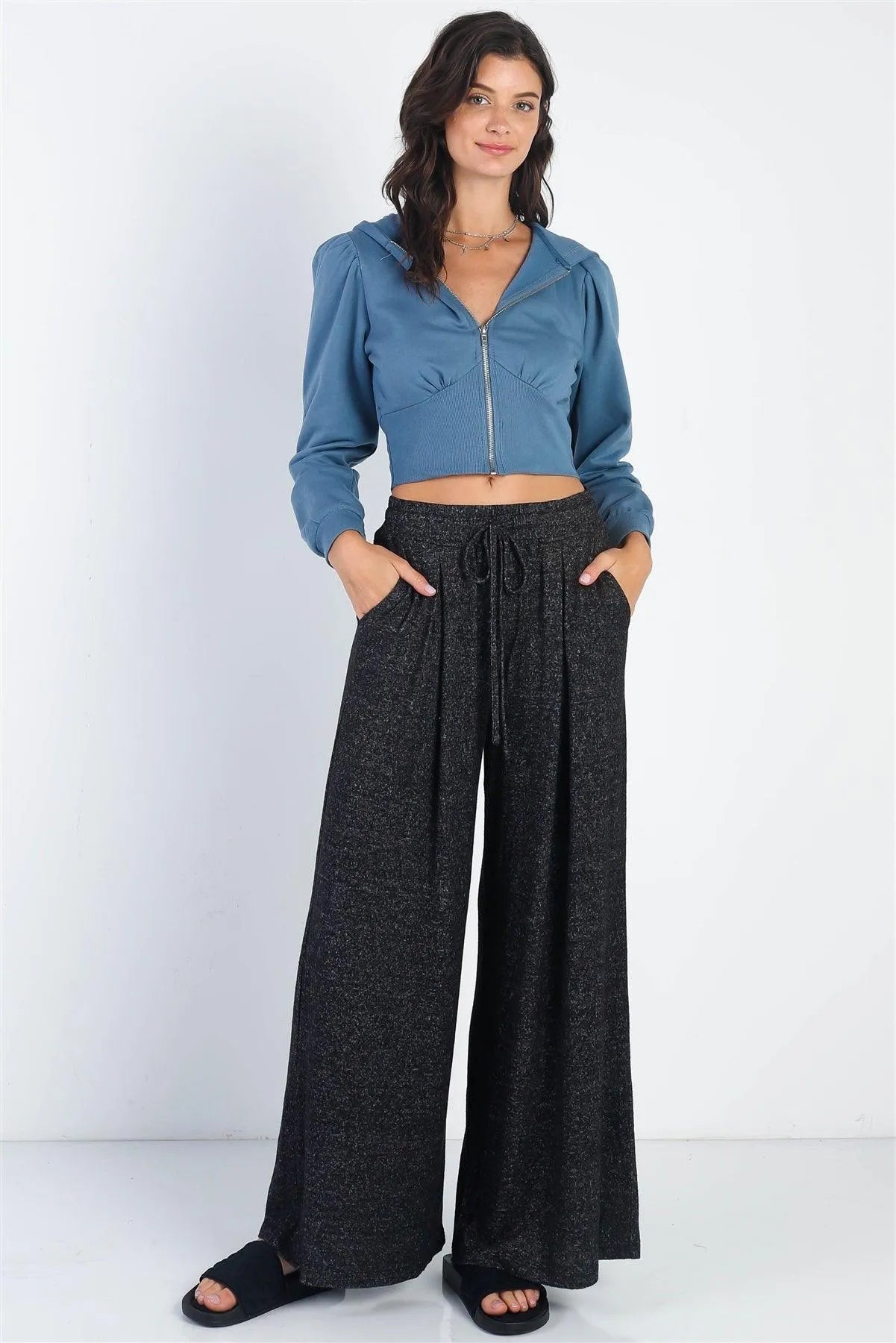 Vintage Zip-Up Hooded Long Sleeve Cropped Sweatshirt - Tasha Apparel Wholesale