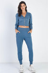 Vintage Blue Hooded Cropped Sweaters & Cuff Pants Set