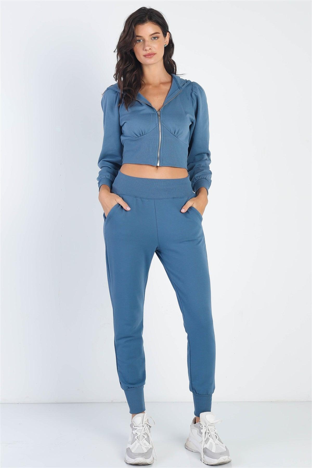 Vintage Blue Hooded Cropped Sweaters & Cuff Pants Set