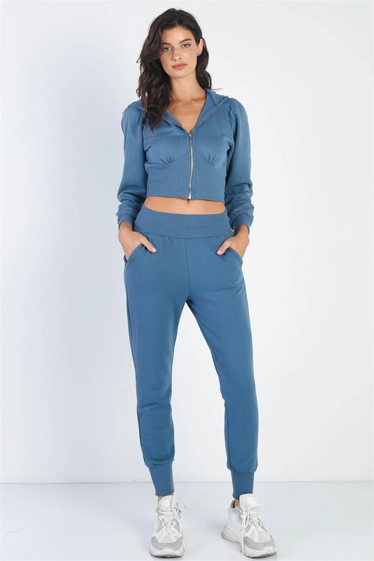 Vintage Blue Hooded Cropped Sweaters & Cuff Pants Set /2-2-2 - Tasha Apparel Wholesale