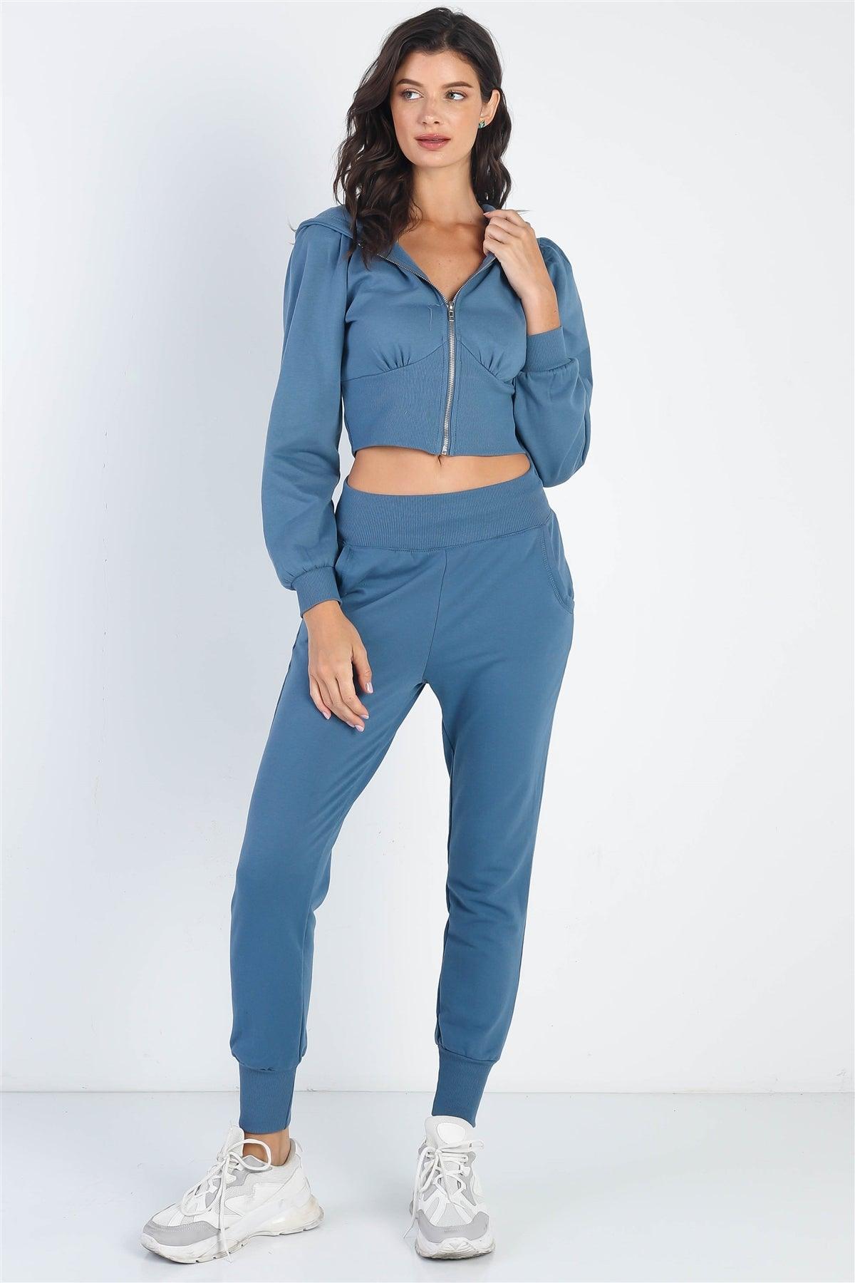 Vintage Blue Hooded Cropped Sweaters & Cuff Pants Set /2-2-2
