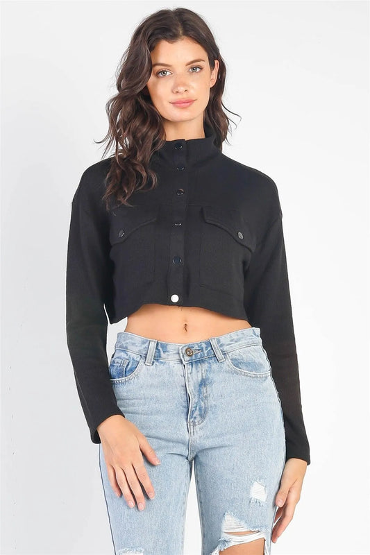 Black Two Pocket Crew Neck Long Sleeve Crop Jacket /2-2-2 - Tasha Apparel Wholesale