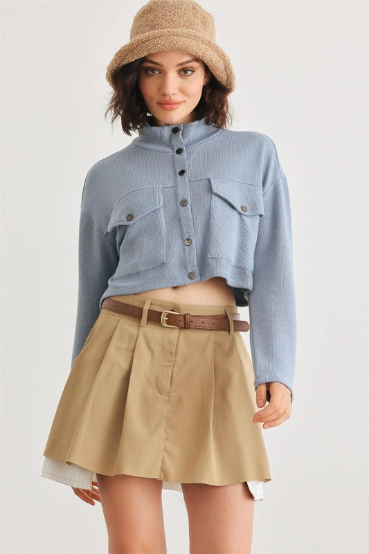 Blue Ribbed Button-Up Long Sleeve Crop Jacket - Tasha Apparel Wholesale