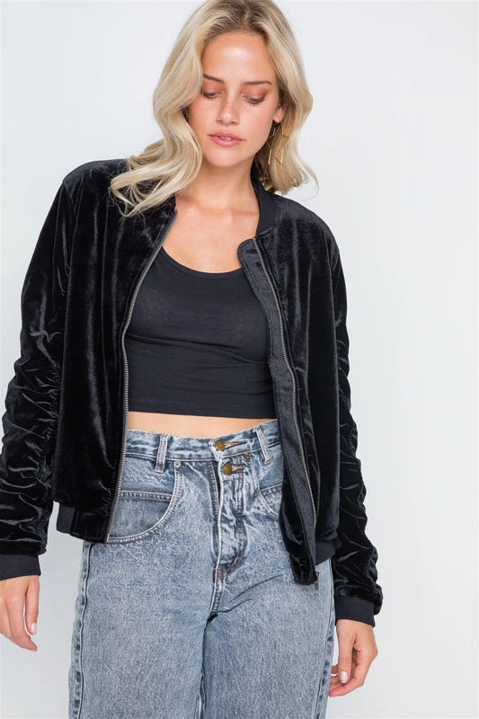 Black Velvet Long Sleeve Bomber Jacket - Tasha Apparel Wholesale