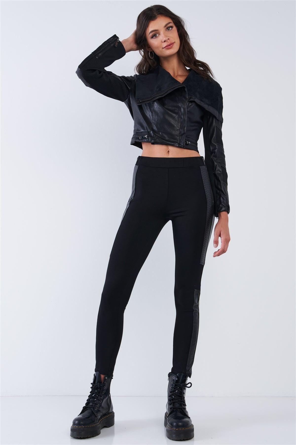 Black Vegan Leather Structured Oblique Front Zipper Double Sided Suede Lapel Collar Cropped Jacket /1-2-2