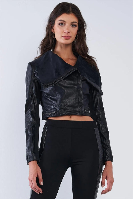 Black Vegan Leather Structured Oblique Front Zipper Double Sided Suede Lapel Collar Cropped Jacket /2-2-2 - Tasha Apparel Wholesale