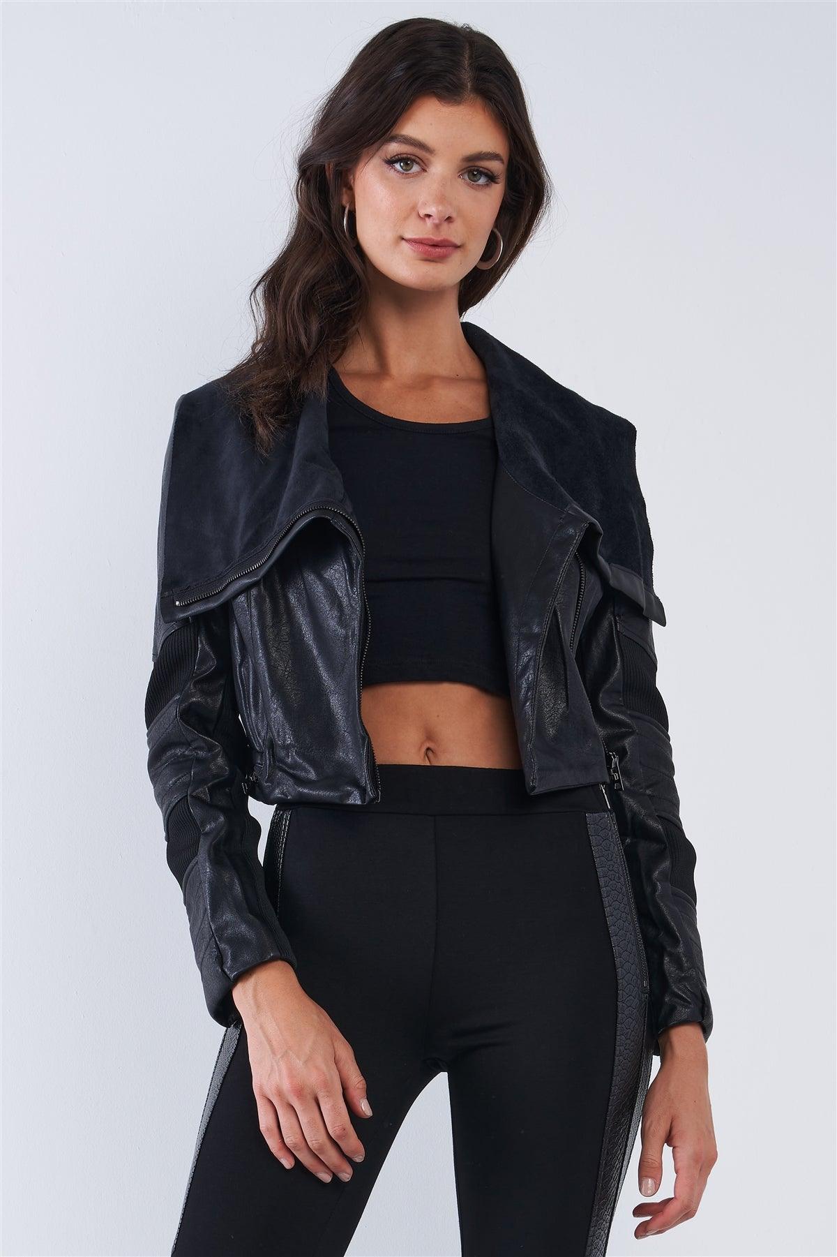 Black Vegan Leather Structured Oblique Front Zipper Double Sided Suede Lapel Collar Cropped Jacket /2-2-2