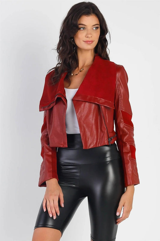 Burgundy Red Vegan Leather Structured Oblique Front Zipper Double Sided Suede Lapel Collar Cropped Jacket /1-2-1 - Tasha Apparel Wholesale