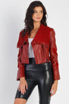 Burgundy Red Vegan Leather Structured Oblique Front Zipper Double Sided Suede Lapel Collar Cropped Jacket /2-2-2