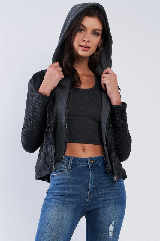 Black Vegan Leather Long Pleated Sleeve Hoodie Combo Jacket /2-2-2 - Tasha Apparel Wholesale
