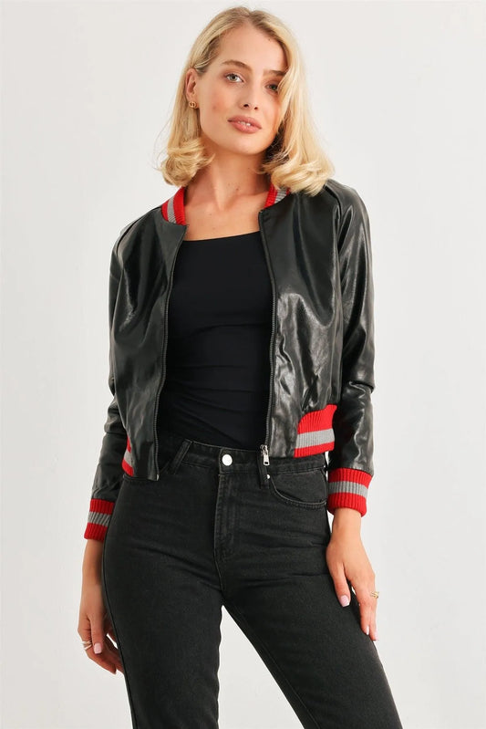 Black & Red Ribbed Vegan Leather Bomber Jacket - Tasha Apparel Wholesale