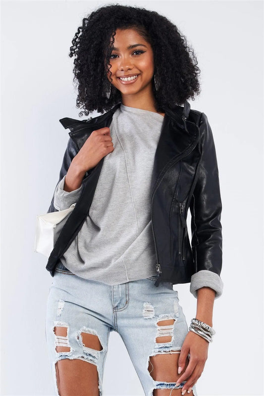 Black Vegan Leather Multiple Zipper Accent Biker Jacket /2-2-2 - Tasha Apparel Wholesale