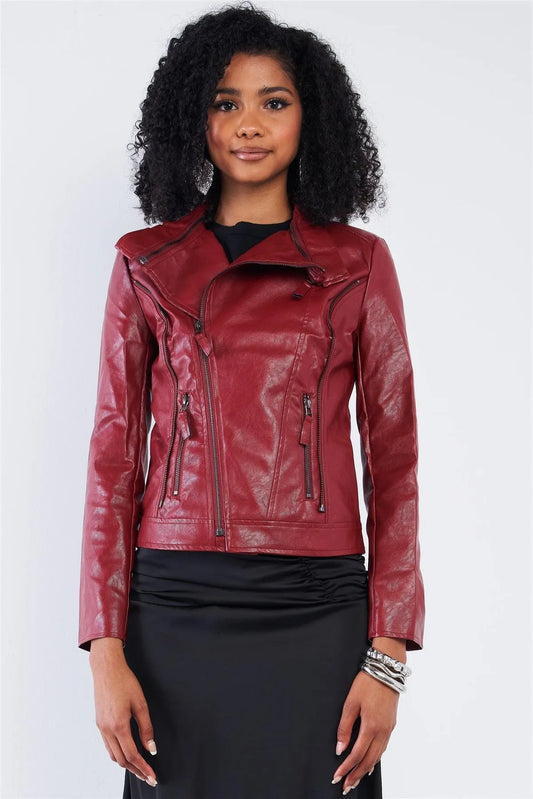 Red Vegan Leather Multiple Zipper Accent Biker Jacket /2-2-2 - Tasha Apparel Wholesale
