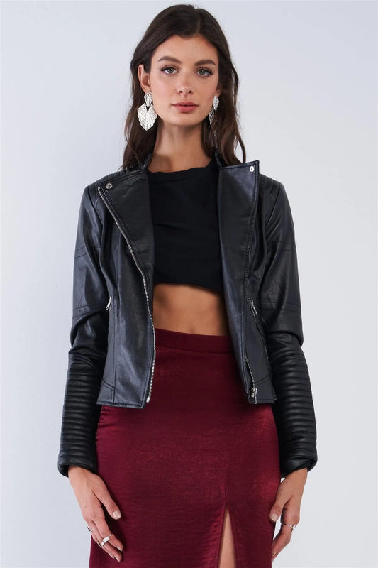 Black Oblique Zipper Tight Fitting Ribbed Accents Vegan Leather Biker Jacket /2-2-2 - Tasha Apparel Wholesale