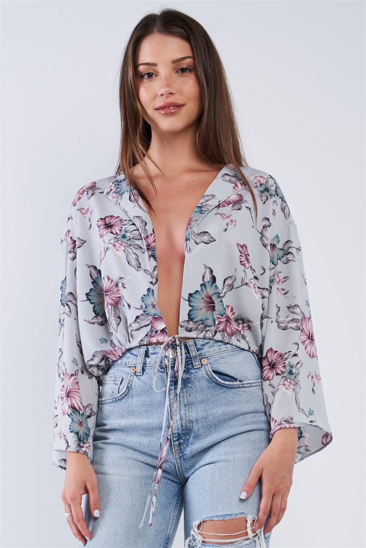 Grey Multi Color Floral Print Relaxed Fit Wide Sleeve Waistline Hem Self Tie Draw String Plunge Neck Sexy Summer Top /1-2-2-1