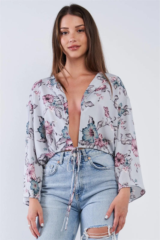 Grey Multi Color Floral Print Relaxed Fit Wide Sleeve Waistline Hem Self Tie Draw String Plunge Neck Sexy Summer Top /1-2-2-1 - Tasha Apparel Wholesale