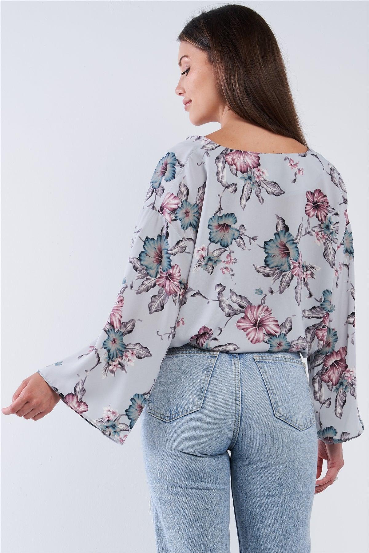 Grey Multi Color Floral Print Relaxed Fit Wide Sleeve Waistline Hem Self Tie Draw String Plunge Neck Sexy Summer Top /1-2-2-1