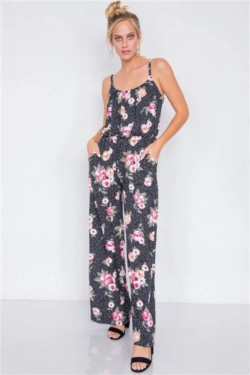 Black Rose Polka Dot Maxi Wide Leg Elastic Scoop Neck Jumpsuit - Tasha Apparel Wholesale