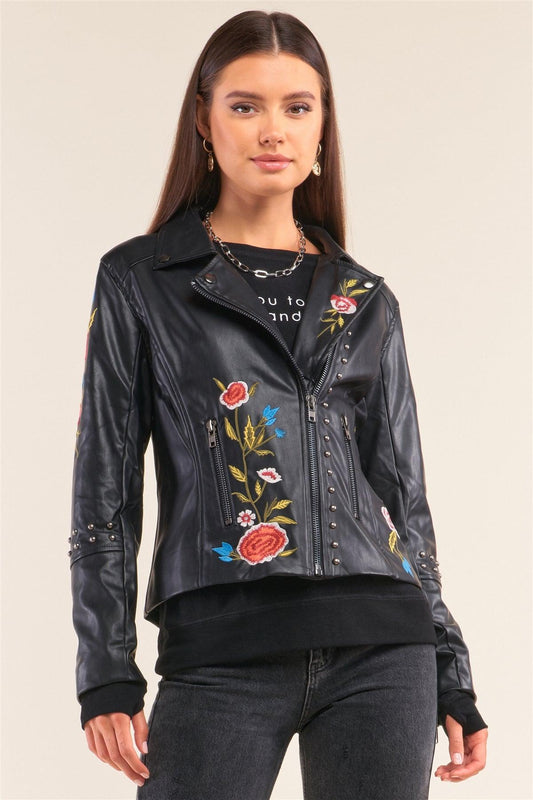 Black Metal Beads Detail Floral Embroidery Long "Tattooed" Sleeve Vegan Leather Jacket /1-1-1-1-1 - Tasha Apparel Wholesale