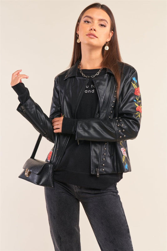 Black Metal Beads Detail Floral Embroidery Long "Tattooed" Sleeve Vegan Leather Jacket /2-2-2 - Tasha Apparel Wholesale