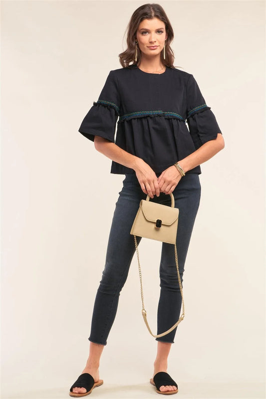 Black Multicolor Embroidery Shredded Trim Detail Midi Bell Sleeve Crew Neck Flare Cropped Top /1-2-2 - Tasha Apparel Wholesale