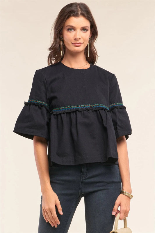 Embroidery Shredded Trim Bell Sleeve Cropped Top - Tasha Apparel Wholesale