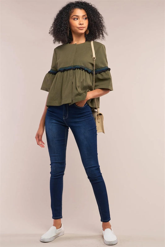 Olive Multicolor Embroidery Shredded Trim Detail Midi Bell Sleeve Crew Neck Flare Cropped Jacket /1-2-2-1 - Tasha Apparel Wholesale