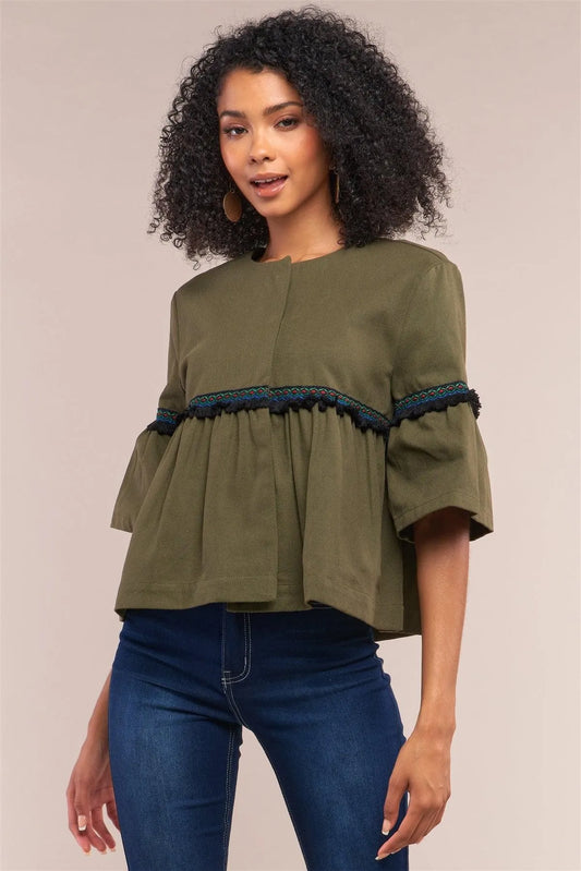 Olive Multicolor Embroidery Shredded Trim Detail Midi Bell Sleeve Crew Neck Flare Cropped Jacket /1-2-3-1 - Tasha Apparel Wholesale