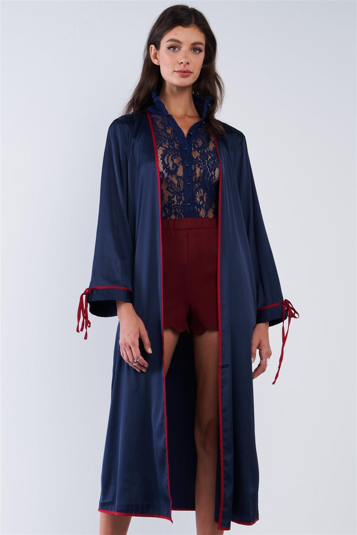 Navy Blue Satin Open Front Long Sleeve Red Self Tie String Detail Kimono Inspired Midi Cover Up /2-1-1