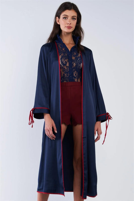 Navy Blue Satin Open Front Long Sleeve Red Self Tie String Detail Kimono Inspired Midi Cover Up /2-1-1 - Tasha Apparel Wholesale