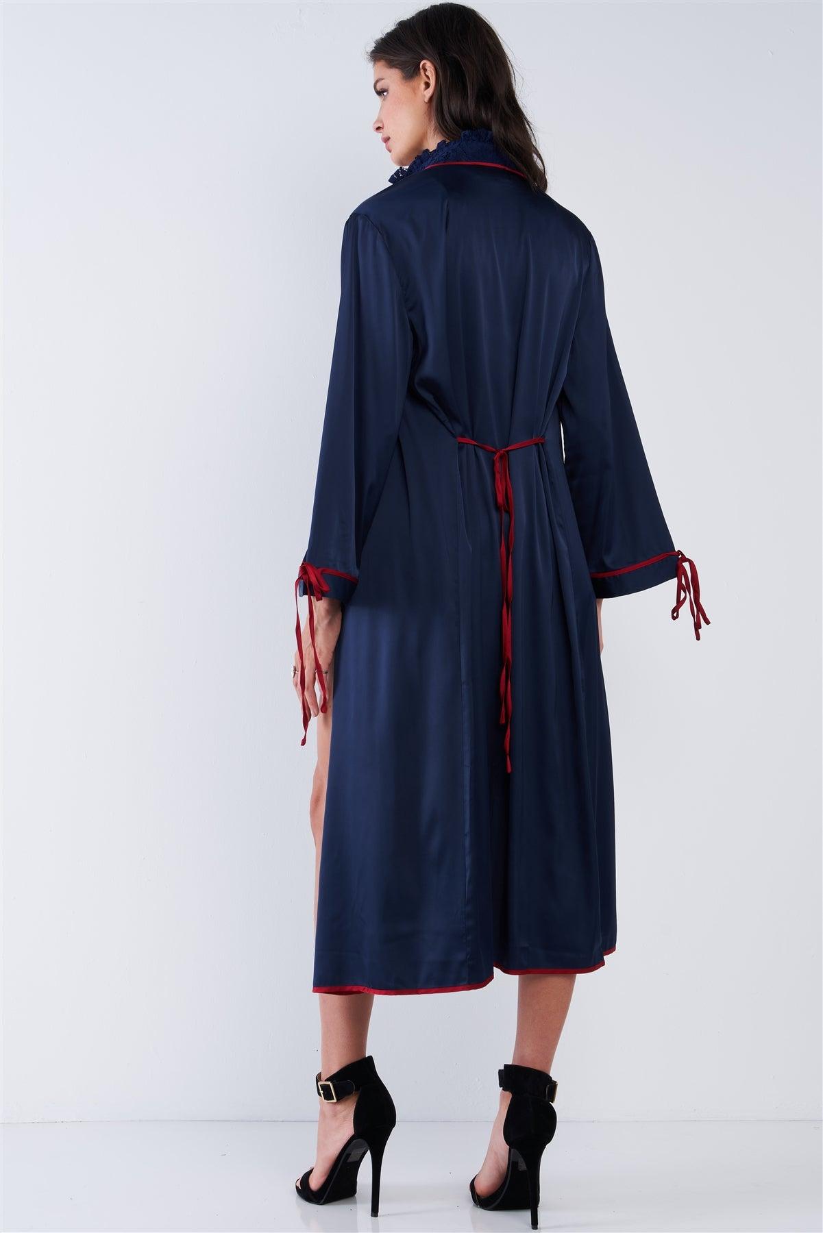 Navy Blue Satin Open Front Long Sleeve Red Self Tie String Detail Kimono Inspired Midi Cover Up /1-2-2-1