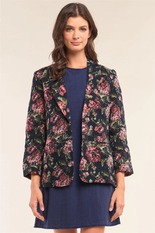 Black Multicolor Floral Brocade Open Front Vintage Chic Blazer /2-1-1-1 - Tasha Apparel Wholesale