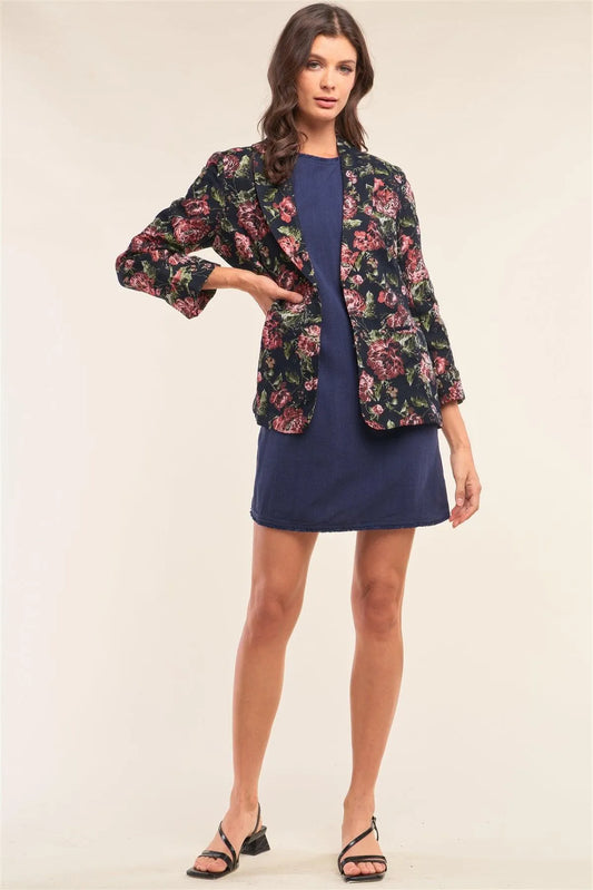 Black Multicolor Floral Brocade Open Front Vintage Chic Blazer /2-2-1 - Tasha Apparel Wholesale