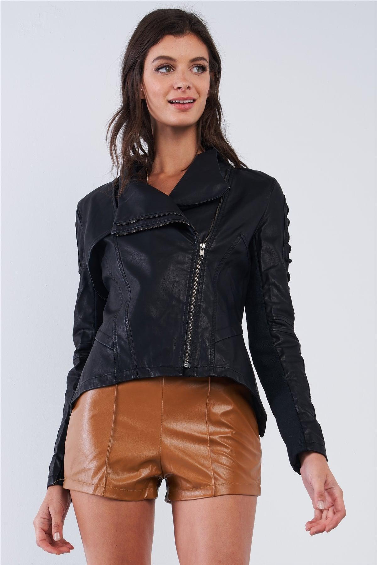 Black Vegan Leather Front Oblique Zipper Rope Detail Sleeve Moto Jacket /2-2-2