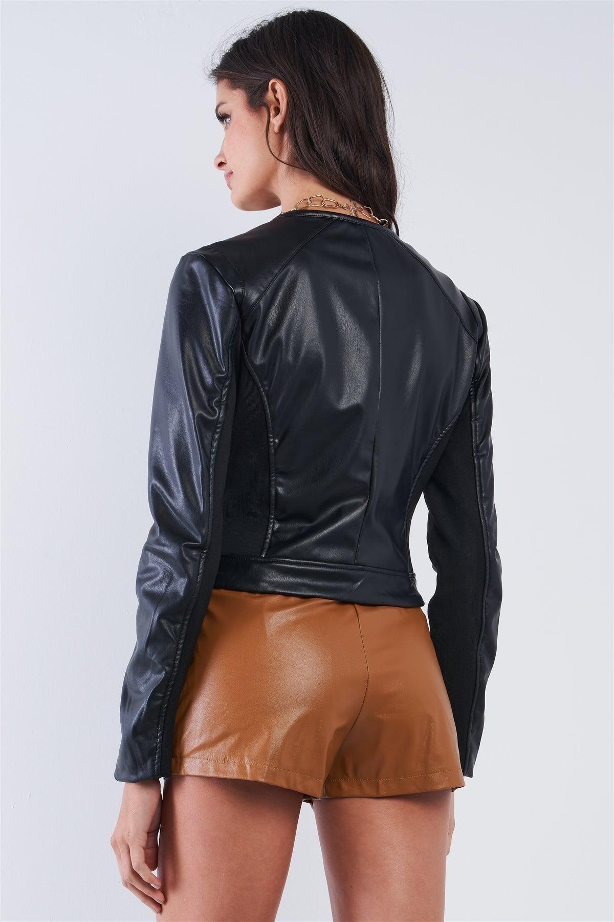 Simple Black Vegan Leather Crew Neck Centered Zipper Closure Jacket With Front Zipper Pockets /2-2-2
